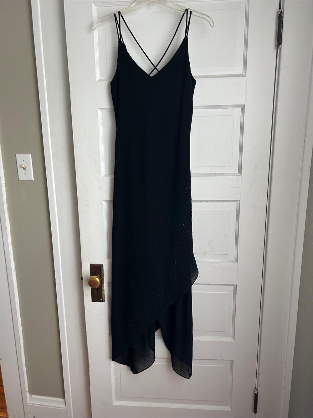 Onyx Nite Black Asymmetrical Slip Dress with Double Spaghetti Straps